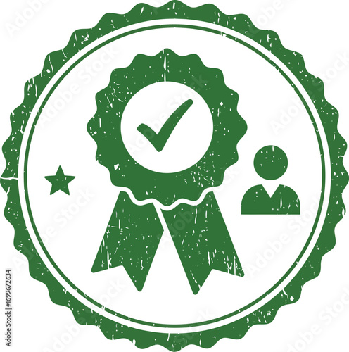 green stamp with checkmark and ribbon on transparent background