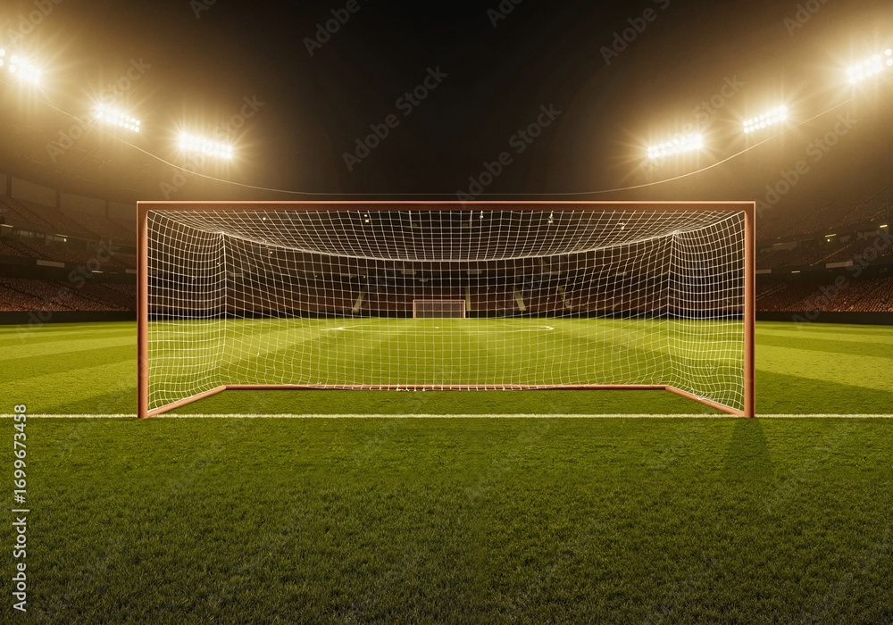 Fototapeta premium Soccer goal at night with stadium lights and green grass