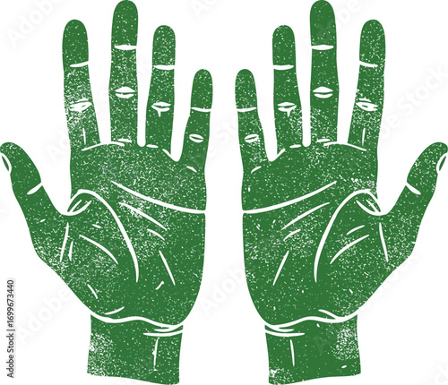 two green hands with detailed lines on transparent background