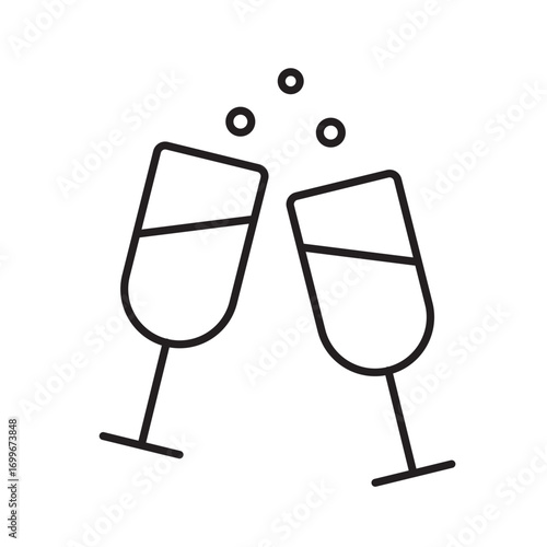 A vector icon of two champagne glasses clinking with bubbles, representing a festive toast or celebration, created in line style with editable stroke