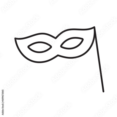 A vector icon of a masquerade mask on a stick, symbolizing party or carnival, created in line style with editable stroke