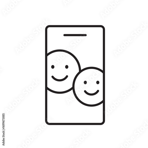 A vector icon of a smartphone with two smiling faces, representing party selfie or photo booth, created in line style with editable stroke