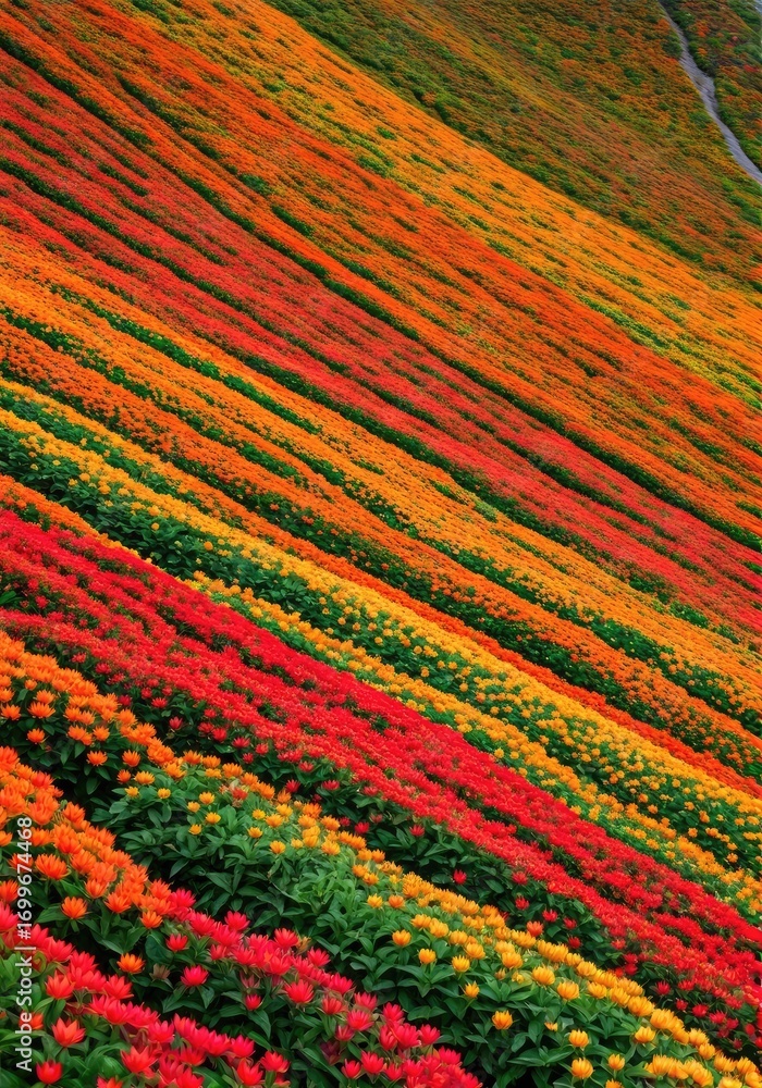 Obraz premium Vibrant hillside of colorful flowers in rows