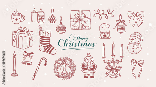 Set of Christmas holly decorations, Christmas hand drawn elements for design greeting card label new year, Christmas ornament vector illustration	