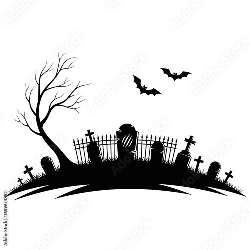 Spooky halloween cemetery silhouette with graveyard bats and haunted tree scene vector