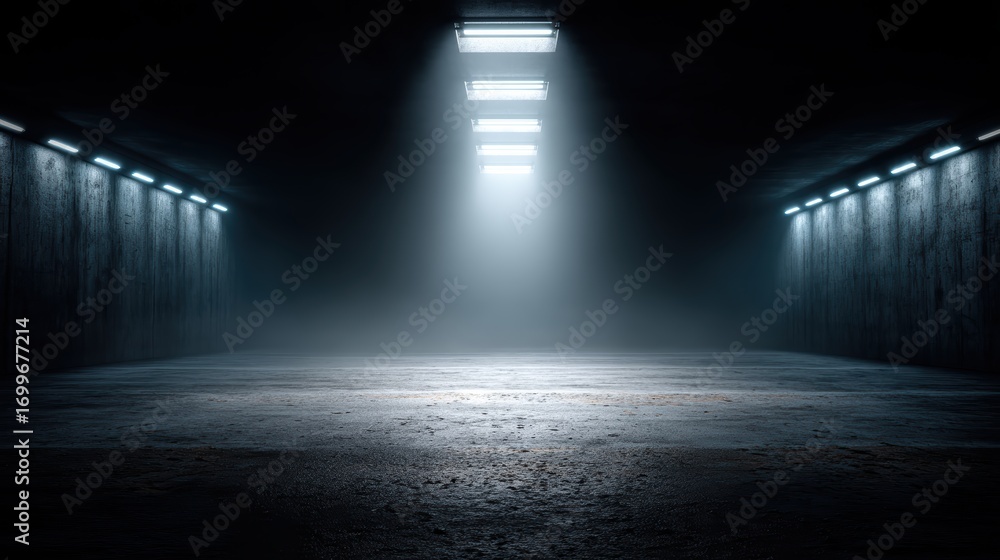 Fototapeta premium A dimly lit, empty concrete room with dramatic overhead lighting and fog creating a mysterious, industrial atmosphere