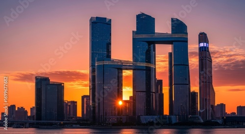 Modern Cityscape at Sunset: Twin Towers Connected by Skybridges, Golden Hour Glow