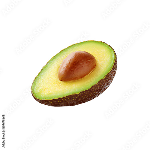 Freshly cut avocado half with seed, perfect for healthy eating and culinary concepts, isolated on black background