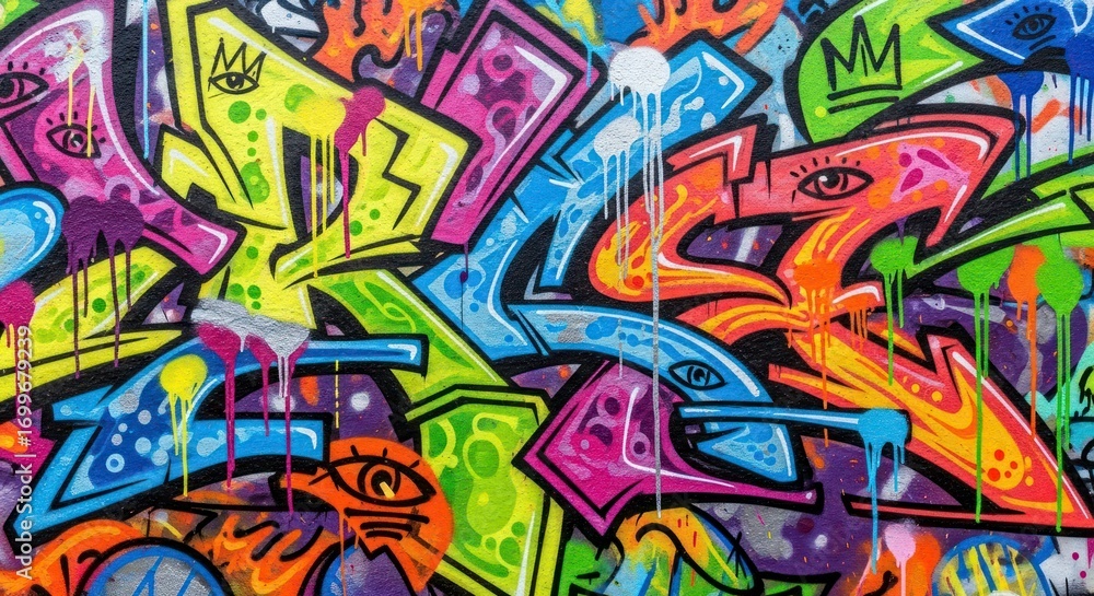 Naklejka premium Vibrant Graffiti Art with Dripping Paint and Eye Motifs on Textured Wall
