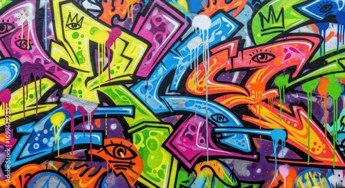 Wallpaper Mural Vibrant Graffiti Art with Dripping Paint and Eye Motifs on Textured Wall Torontodigital.ca