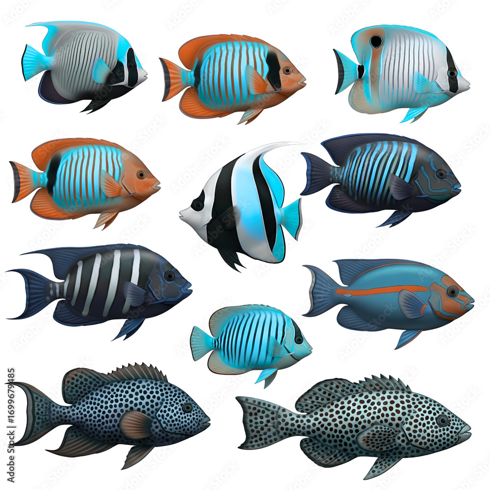 Naklejka premium Collection of colorful tropical fish illustrations