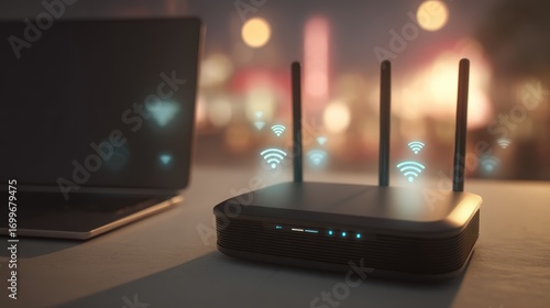 A wireless router and a laptop sit on a desk, connected with visible Wi-Fi signal icons, in a softly lit indoor environment