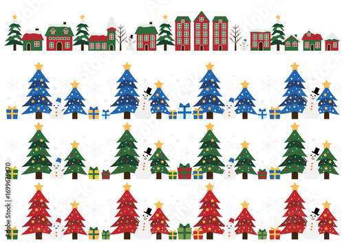 クリスマスラインセット、街並み、ツリー、プレゼント