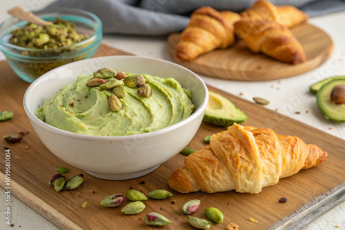 Bowl of creamy avocado dip with golden croissants and scattered pistachios