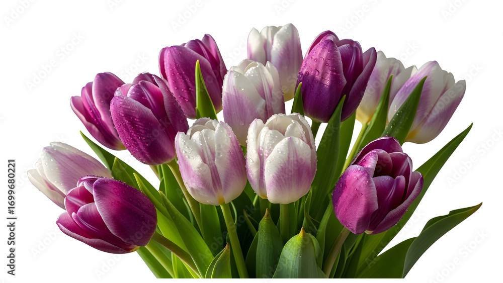 Fototapeta premium Bouquet of purple and white tulips isolated