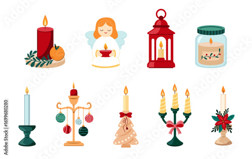 Christmas candle vector set with lantern, angel, festive candlestick, holiday jar light, pine branch decor. Cozy winter illustration, holiday seasonal artwork collection

