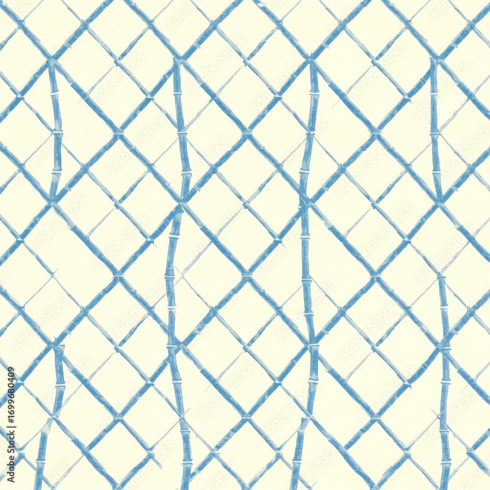 Fototapeta premium Seamless Pattern of Blue Bamboo Design on Beige Background texture pale yellow crisscross repeating wallpaper textile fabric