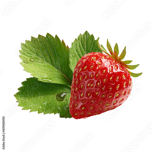 Juicy red strawberry with vibrant green leaves, perfect for food blogs, recipe cards, and healthy eating concepts.
