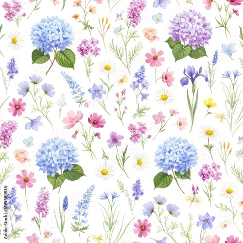 Watercolor Seamless Pattern of Various Flowers and Hydrangeas floral cosmos daisies wildflowers botanical illustration design textile