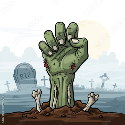 Zombie hand rising from grave with tombstones and bones horror halloween theme vector