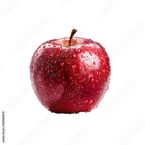 Vibrant red apple with refreshing water droplets, perfect for health, wellness, and culinary concepts, ideal for fresh food advertising.