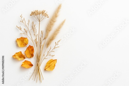 Flat lay of dried autumn leaves and pampas grass on white background suitable for seasonal promotions floral compositions and fall themed design