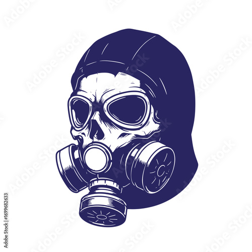 Detailed illustration of a skull wearing a gas mask depicting dystopian apocalyptic concepts