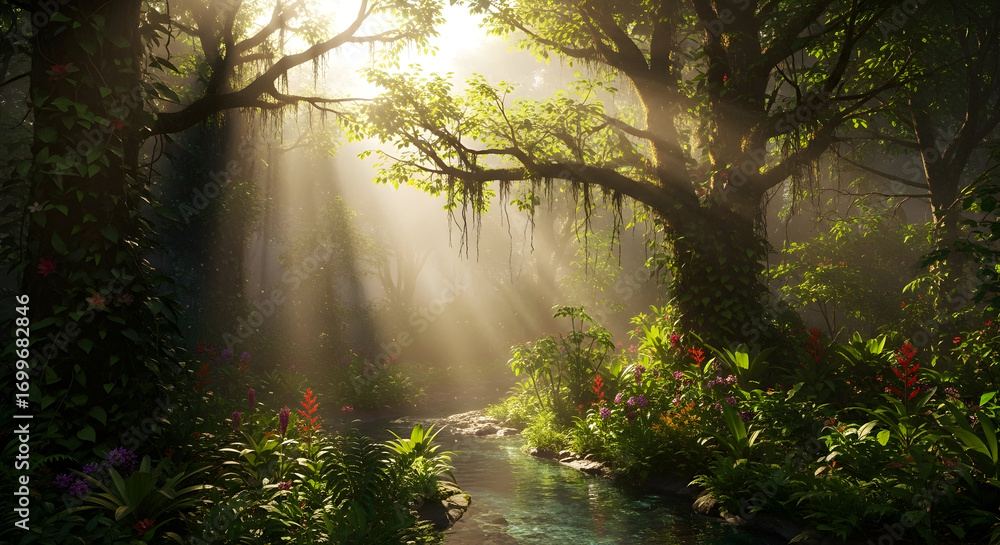 Fototapeta premium Sunbeams Through Lush Rainforest Canopy: Serene Nature Background