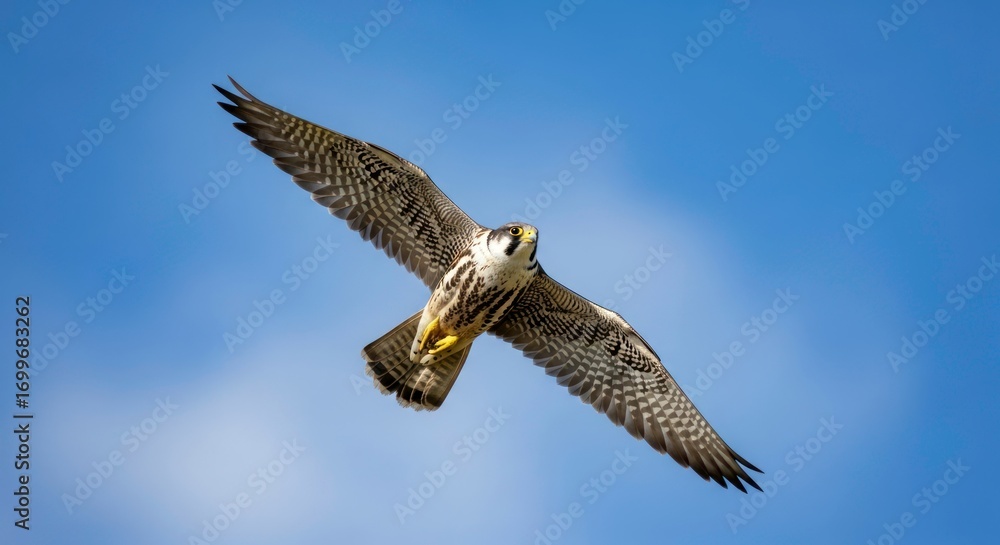 Obraz premium Graceful Raptor with Intricate Plumage Soaring in a Sunlit Blue Sky