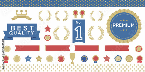 Collection of award ribbons badges laurel wreaths stars crowns and trophy icons for best quality and premium recognition