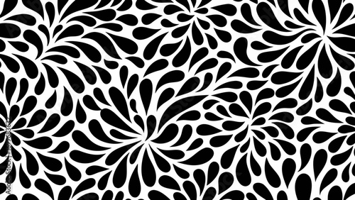 Abstract black and white floral pattern with swirling petal shapes and a seamless repeating design