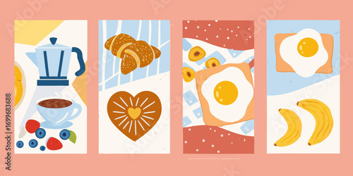 A vibrant and cheerful collection of illustrated breakfast foods and drinks in a modern flat design style
