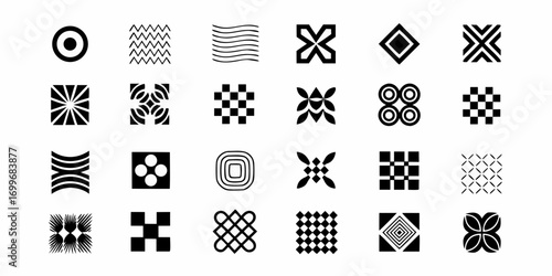 Collection of diverse geometric abstract symbols and patterns in black and white