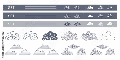 Collection of stylized hand drawn clouds and cloud like shapes in various artistic styles