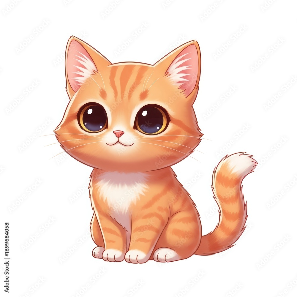 Obraz premium Adorable Orange Tabby Kitten with Big Eyes Cartoon Illustration.