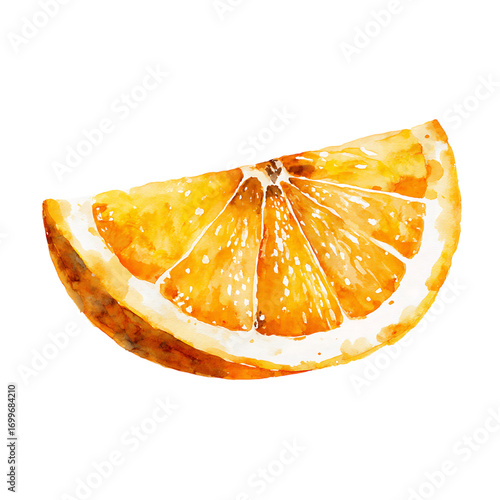 Juicy orange slice watercolor illustration, vibrant and fresh, perfect for healthy living or summer vibes, adds a splash of color to any design