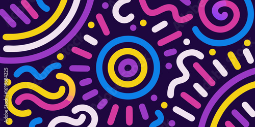 Vibrant abstract background with colorful geometric shapes and swirls on dark purple