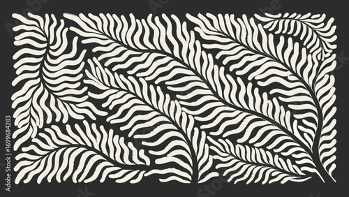 Abstract organic pattern of cream colored wavy fern leaves on a dark background