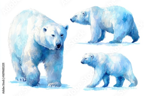 Watercolor Polar Bear. Set of Winter Arctic Bears in White Background, Wild Animal Zoo Illustration