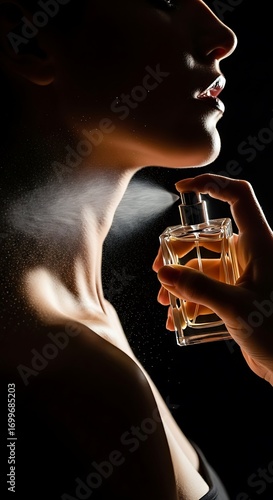 Woman spraying perfume on her neck in a dark setting, creating an elegant and mysterious atmosphere.