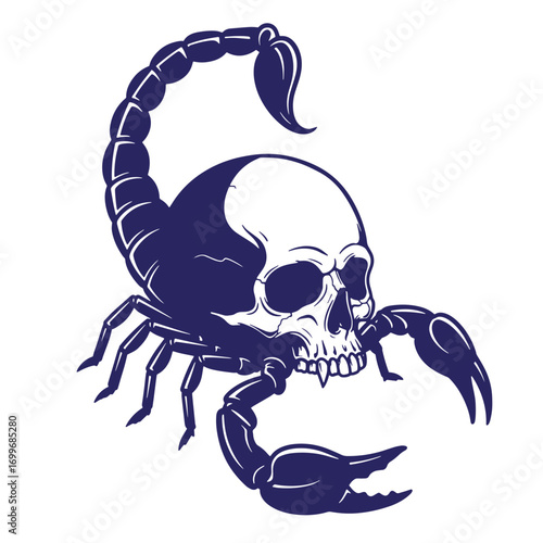 Intricate dark art illustration featuring a scorpion head skull symbol on white background