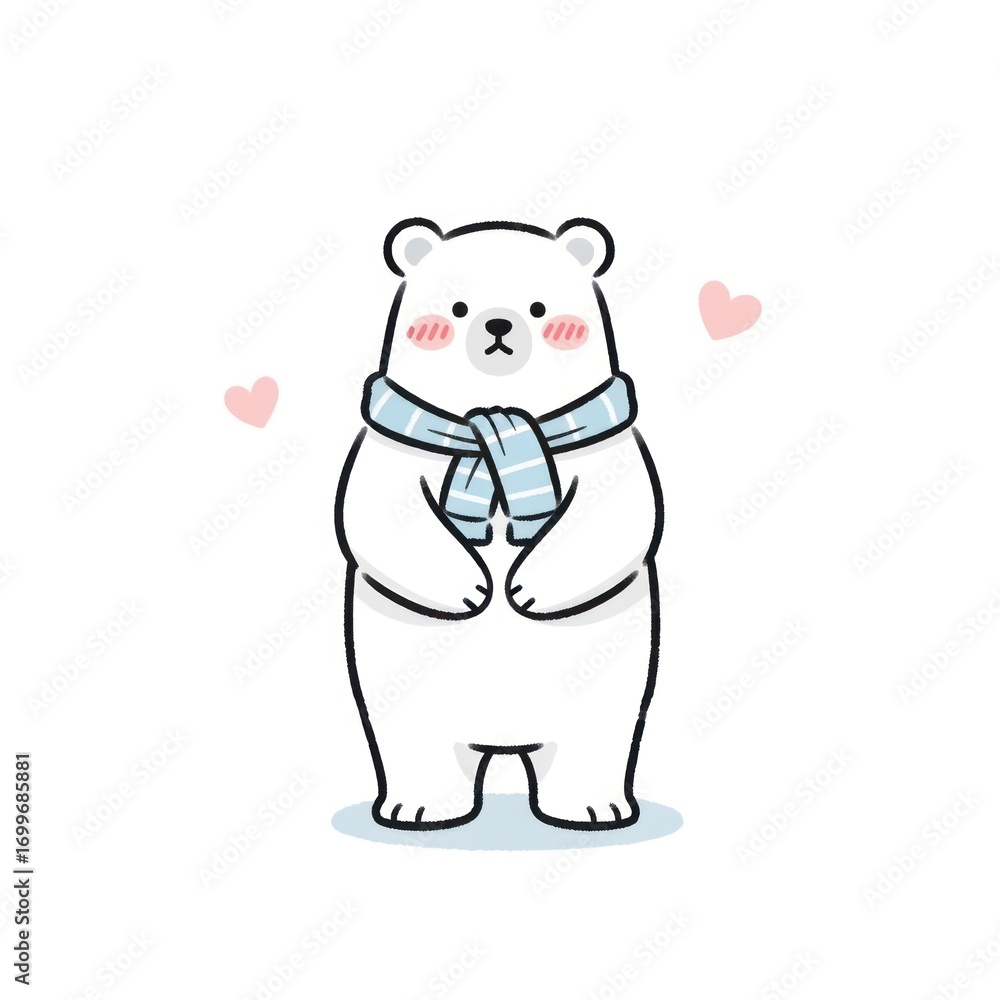 Fototapeta premium Cute cartoon polar bear wearing a blue scarf with pink hearts.