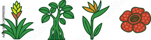 Small garden flora row with sprouts stems and bright flowers