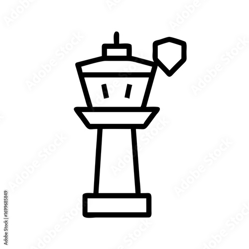 A simple line art depiction of an airport control tower with a shield