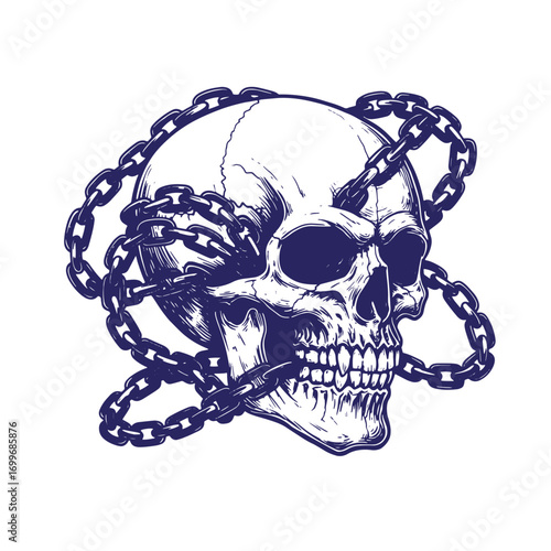 Intricate hand drawn skull with chains isolated on white background illustration