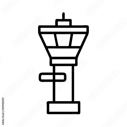 An outlined view of an airport control tower, a symbol of aviation and air traffic management