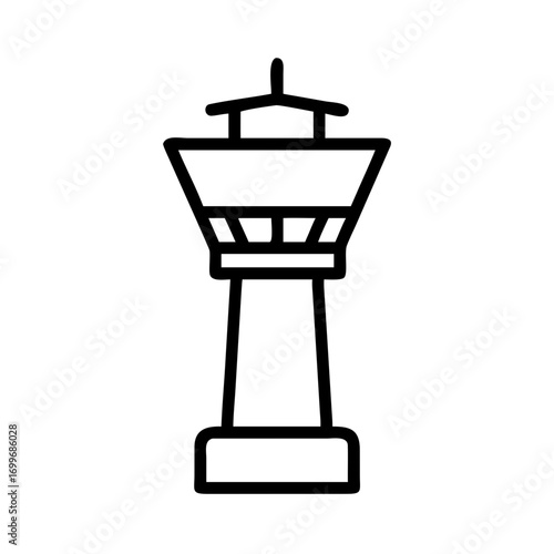 A simplified icon of a tall airport control tower in a linear illustration style. It stands as a symbol of aviation, traffic control, and air travel security