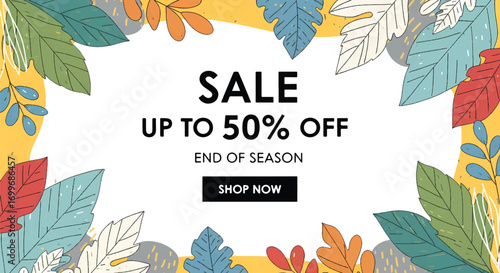 Adobe illustrator artwork vector illustration of a cheerful "End of Season Sale" banner with a "Up to 50% Off" message, adorned with abstract, colorful leaves and organic shapes