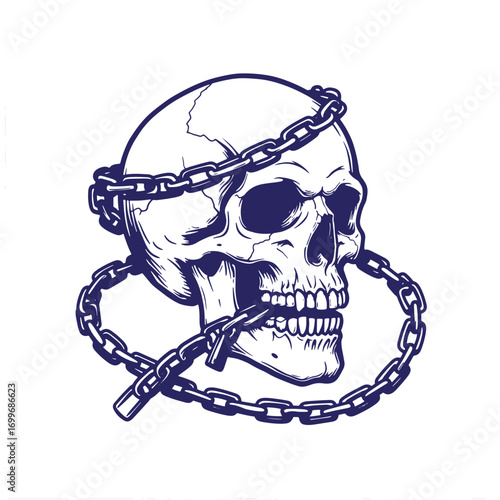 Intricate illustration of a skull encircled by a metal chain in a dark and gritty artistic style