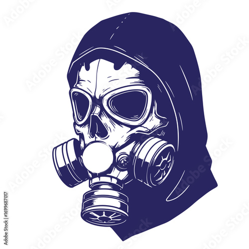 Intricate line art illustration of a skull wearing gas mask and hooded garment